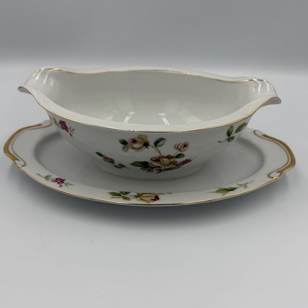 Vintage Lynmore Golden Rose Fine China Gravy Boat With Attached Plate - Picture 4 of 8